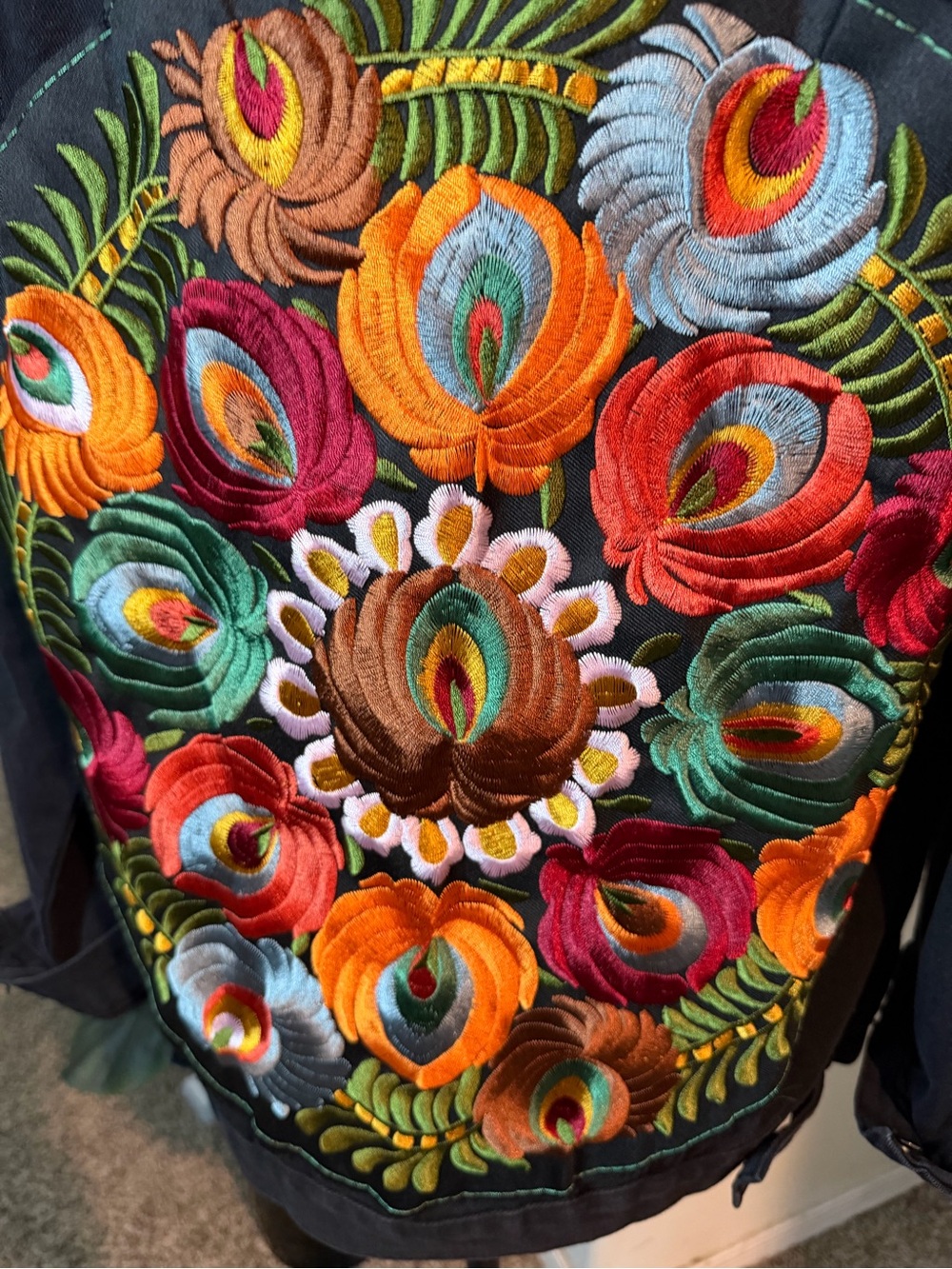 Black Denim Jacket with Colorful Embroidered Back - Picture 8 of 15